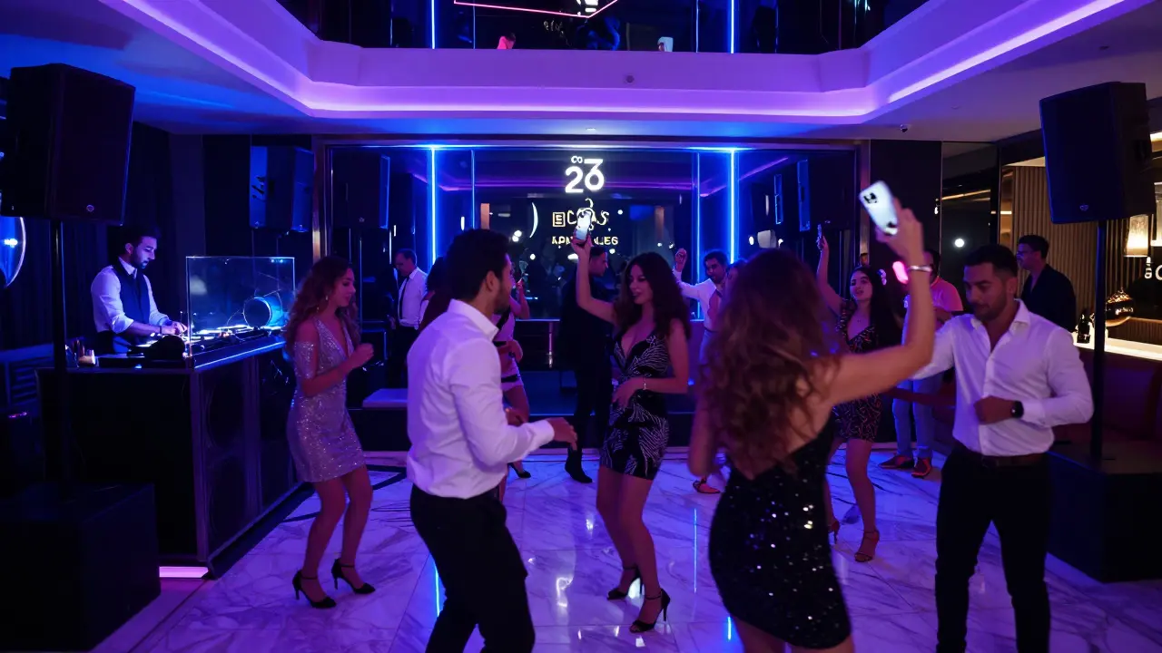 Crowd dancing in a high-end nightclub with neon lights and a professional DJ behind glass.