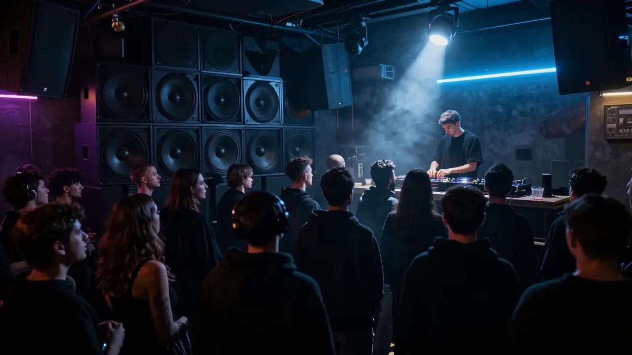 Crowd immersed in a dark techno club, sound vibrations visible, no phones, neon-lit atmosphere.