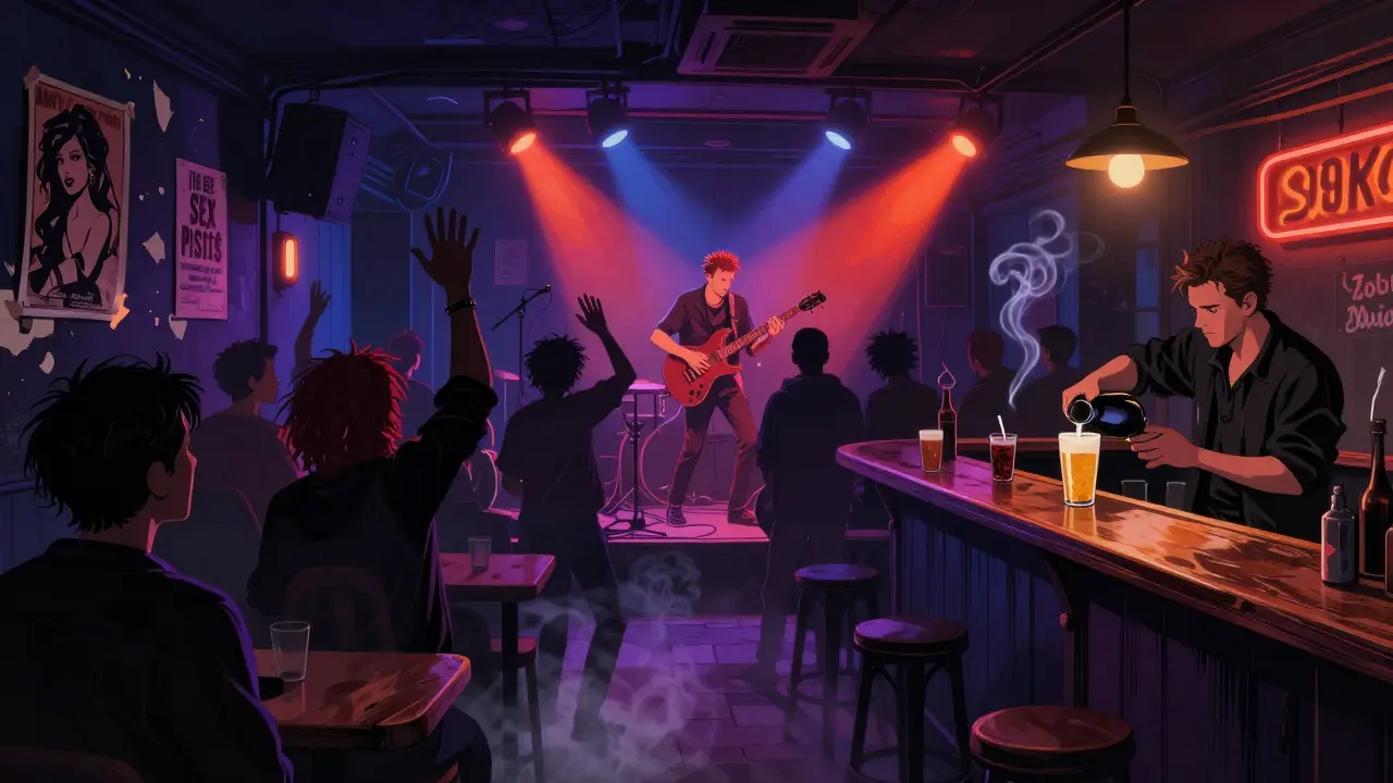 Crowded basement music venue in Soho with a punk band performing under flickering neon lights and smoke-filled air.