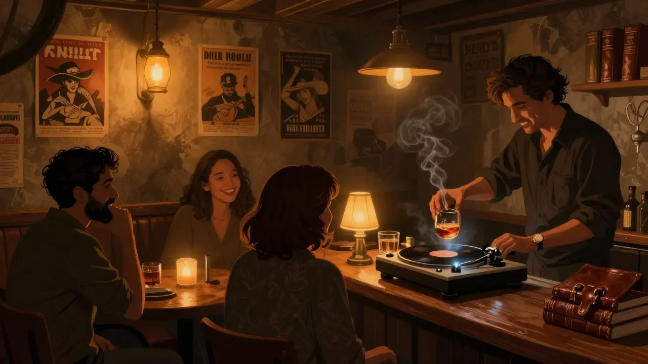 Dimly lit underground bar with vinyl records spinning and patrons enjoying quiet moments.