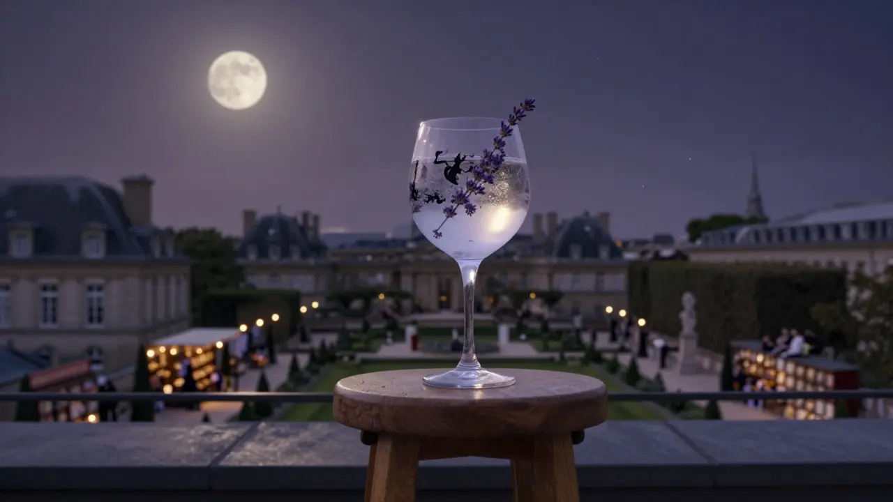 Empty rooftop bar stool overlooking Luxembourg Gardens at night, lavender gin tonic reflecting dancers below.