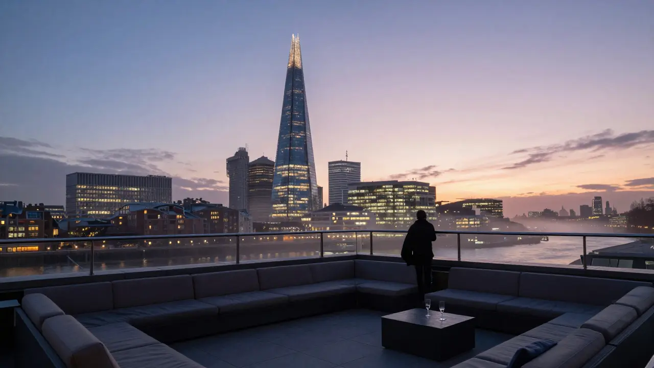 Empty rooftop terrace at dawn overlooking London's skyline, with the Shard glowing in the distance and mist rising from the Thames.