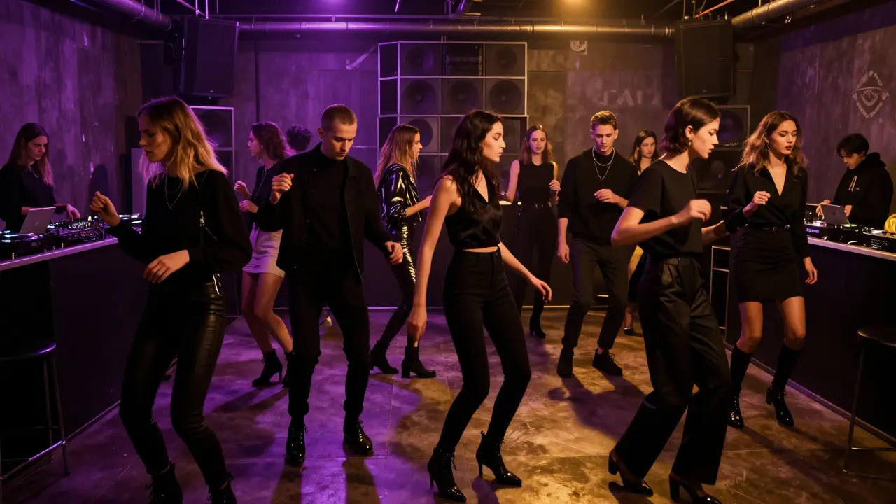 Fashion-forward crowd dancing in a high-end Milan club under violet and gold lights.