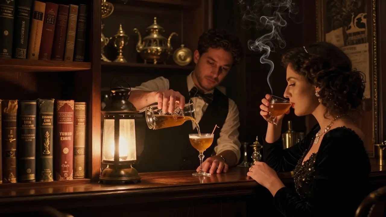 Hidden speakeasy bar with bartender pouring a fragrant cocktail in a dim, bookshelf-hidden room.