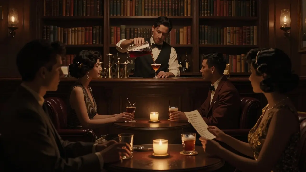 Hidden speakeasy with dim lighting, vintage patrons, and a bartender preparing a unique cocktail.