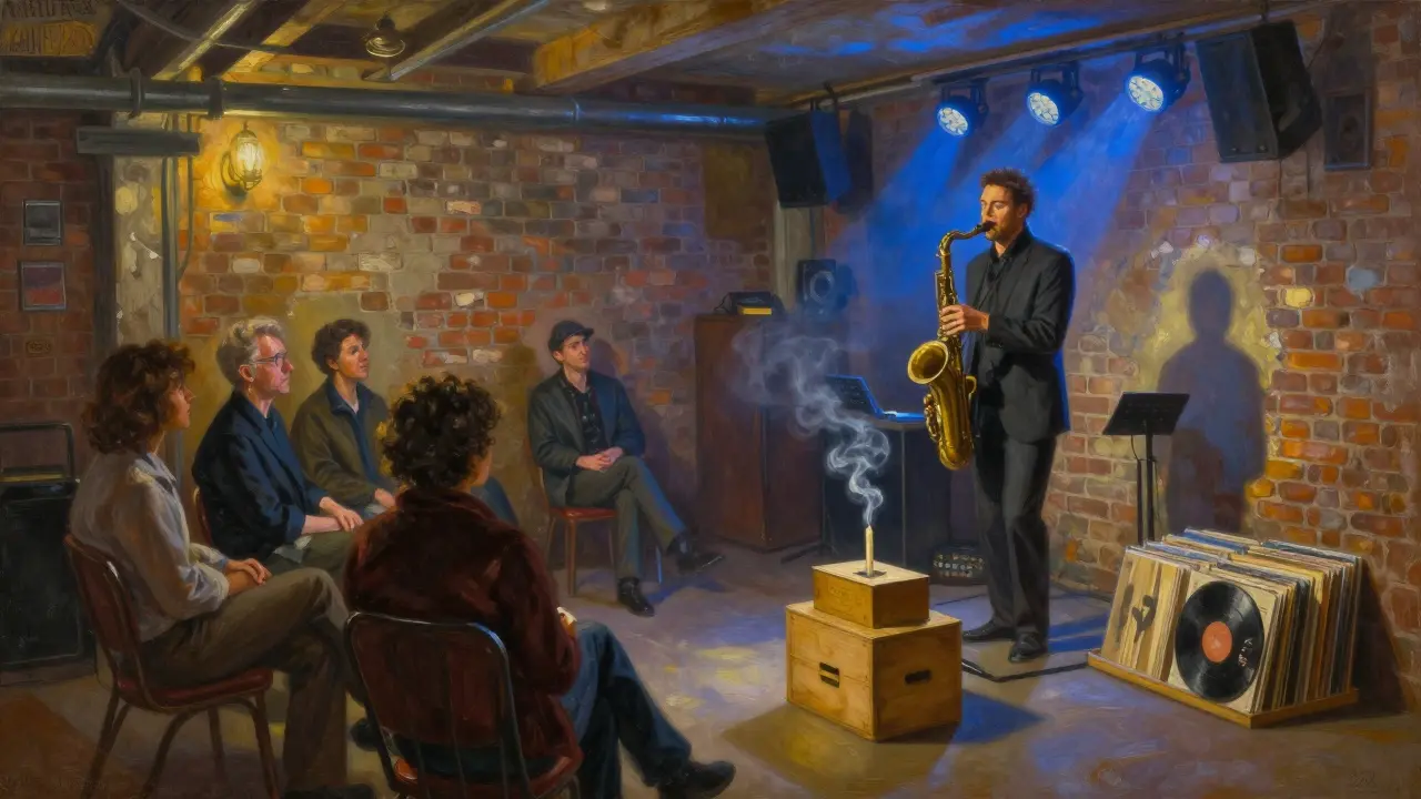 Intimate jazz club interior with saxophonist performing, soft lights, quiet crowd of locals listening.