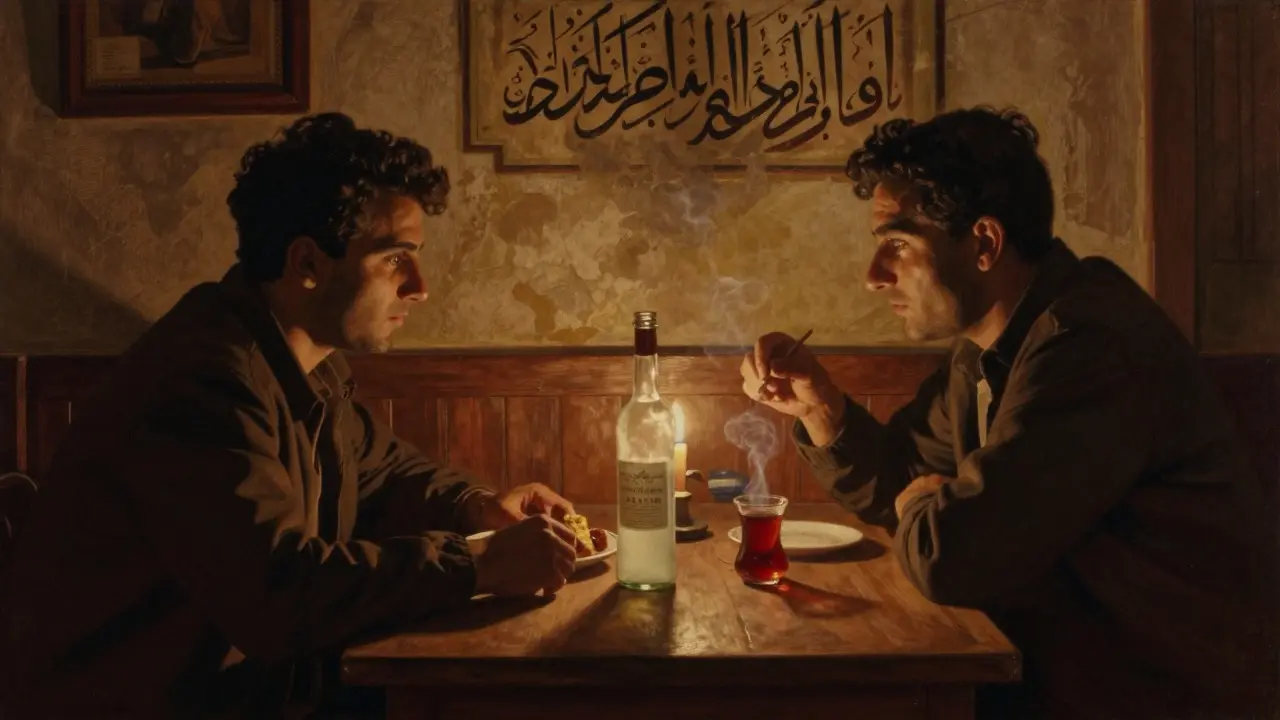 Intimate mezehane scene with friends sharing Turkish meze and rakı, candlelit and softly shadowed.