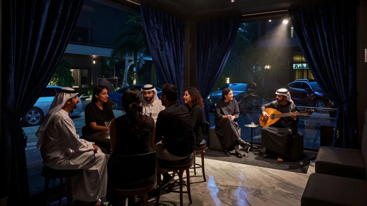 Intimate underground lounge with a live oud player and quiet guests in dim, luxurious lighting.