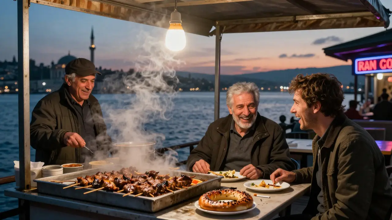 Late-night street food stall with diverse diners sharing a meal as dawn breaks over the Golden Horn.