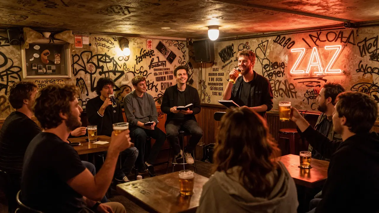 Locals singing French songs in a cozy, graffiti-lined bar with neon lyrics and beer mugs raised in celebration.
