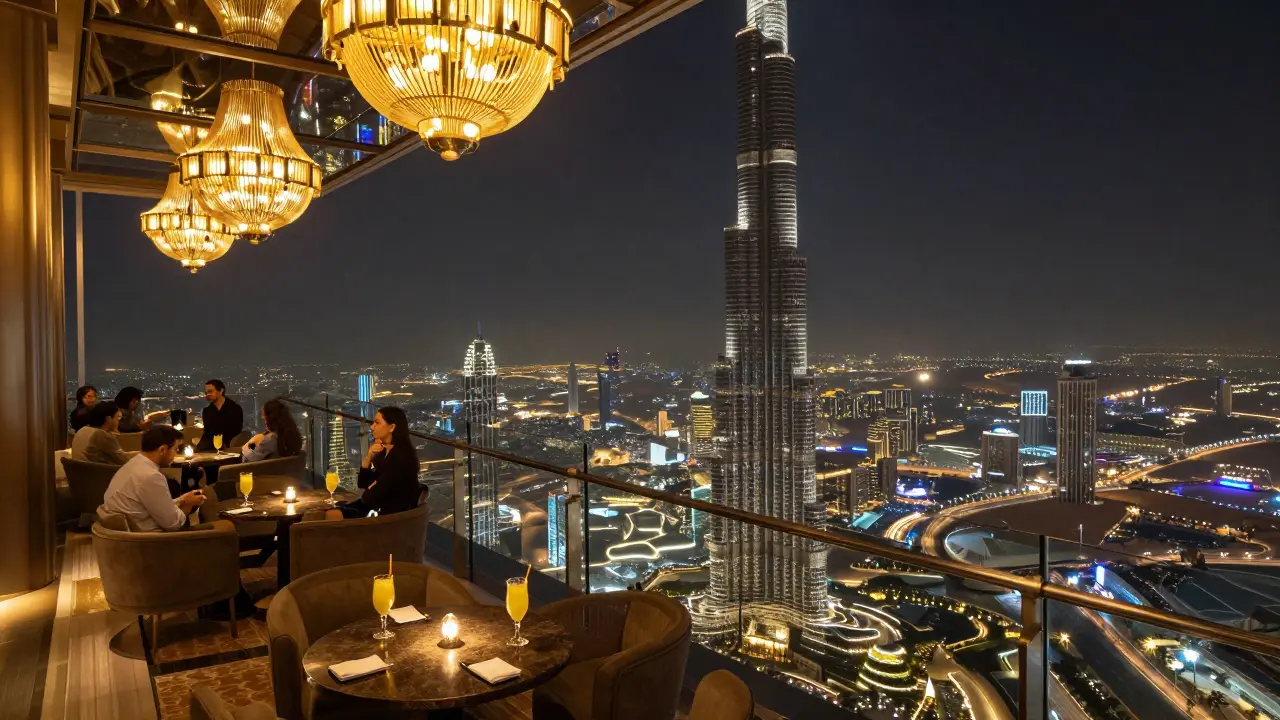 Luxury lounge on the 152nd floor of Burj Khalifa at night, guests enjoying cocktails with panoramic city lights below.