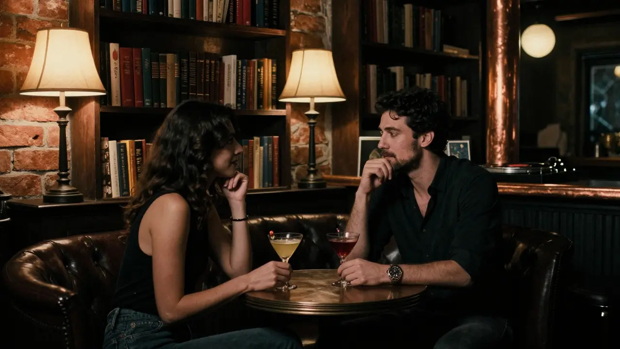 Man and woman talking in a dimly lit speakeasy surrounded by books and warm vintage lighting.