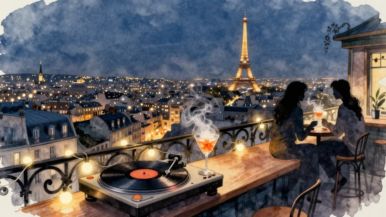 Rooftop bar in Paris at dawn with city lights, vinyl record spinning, and Eiffel Tower in distance.