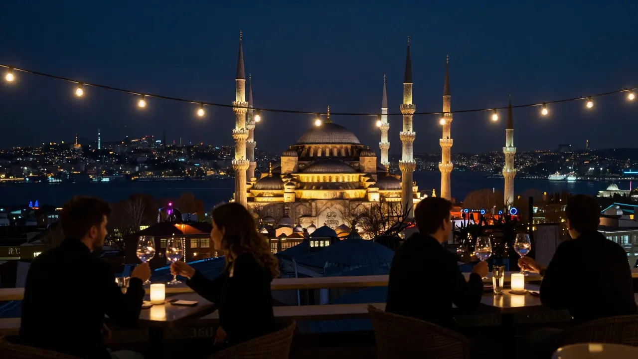 Rooftop bar overlooking the Blue Mosque, patrons enjoying drinks as the Bosphorus glows between continents.