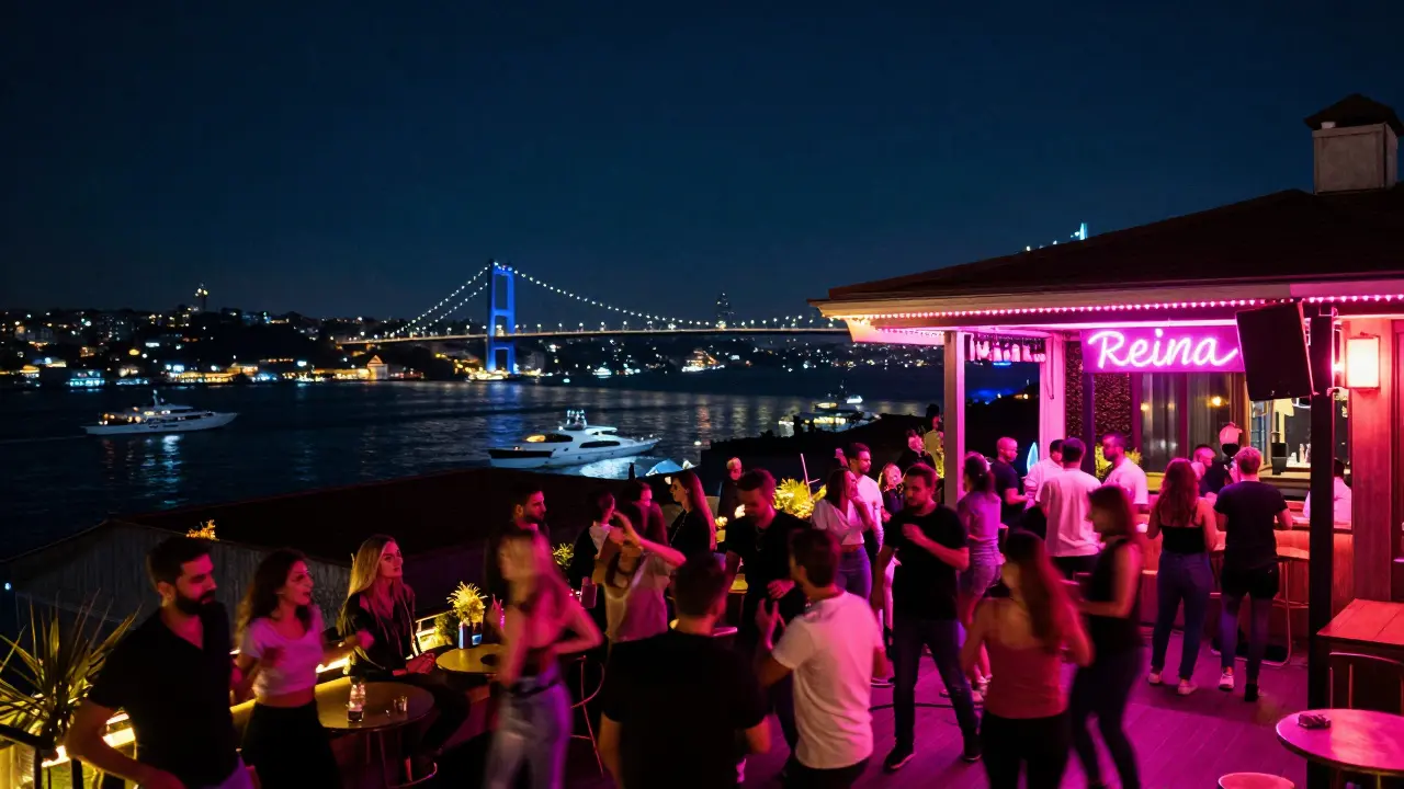 Rooftop club Reina with crowd dancing under neon lights, Bosphorus Bridge glowing in the background.