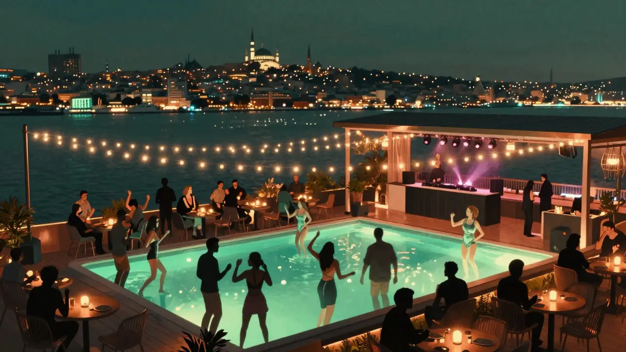 Rooftop club Zuma with Bosphorus views, guests dancing poolside under string lights and neon accents.