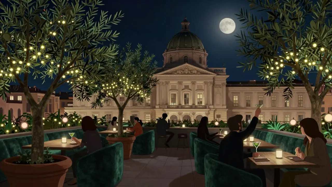Rooftop garden in Brera with fairy lights, olive trees, and a view of the lit art gallery.