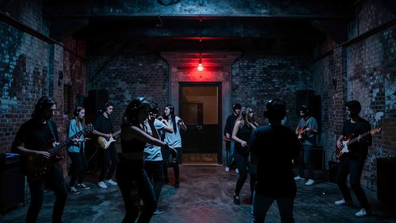 Silent disco in an industrial warehouse, people dancing with headphones in dim blue lighting.