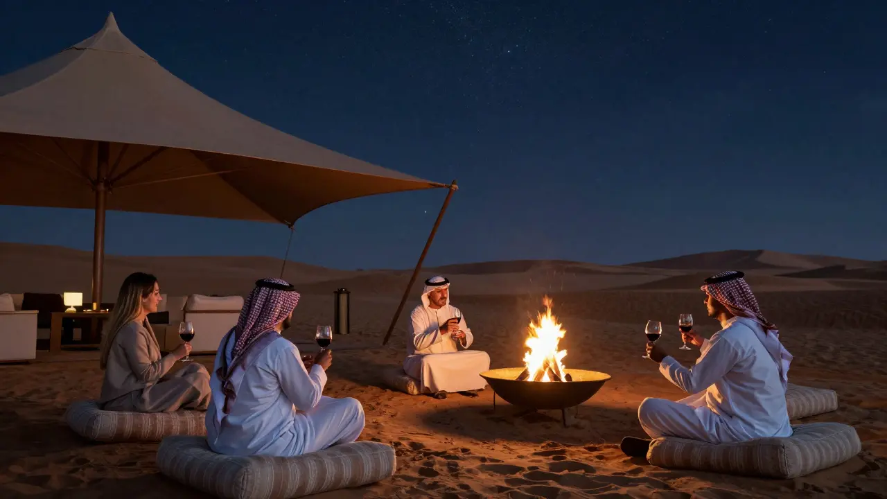 Tented lounge at Al Maha Desert Resort under a starry sky with guests sipping wine beside a fire pit.