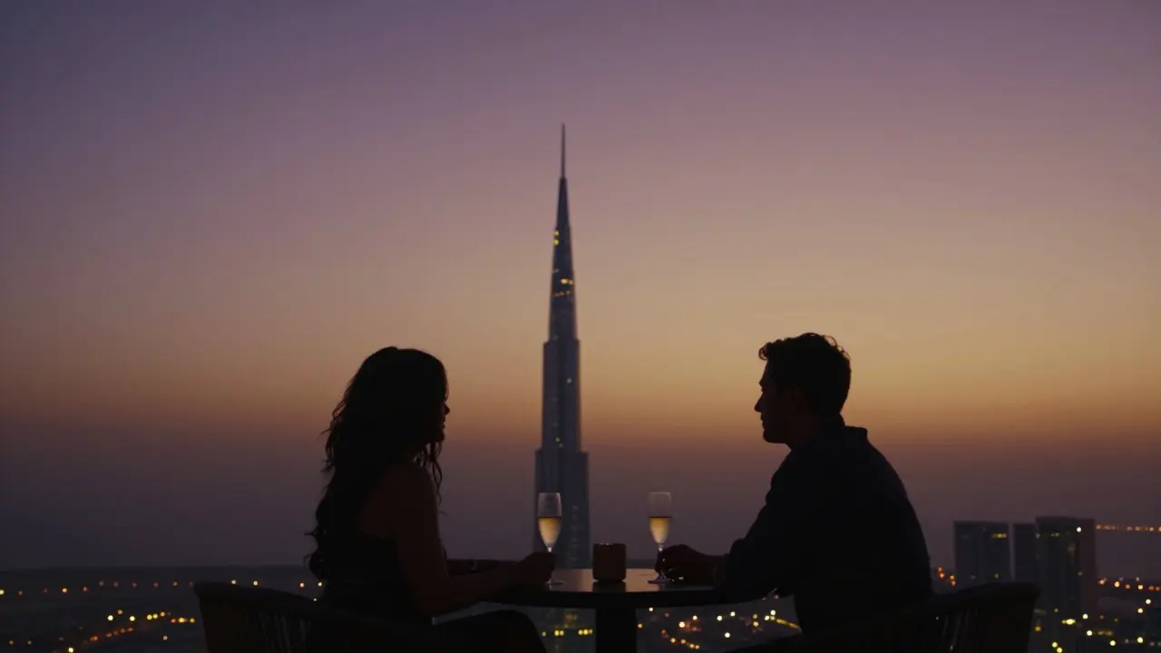 Two figures sit quietly on a rooftop at sunset, overlooking Dubai’s skyline as the sun dips below the Arabian Gulf.