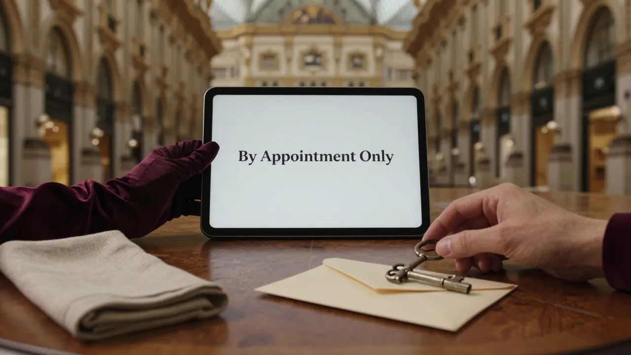 Two hands placing a key and envelope on an oak table, with a blurred palazzo in the background, conveying exclusivity.