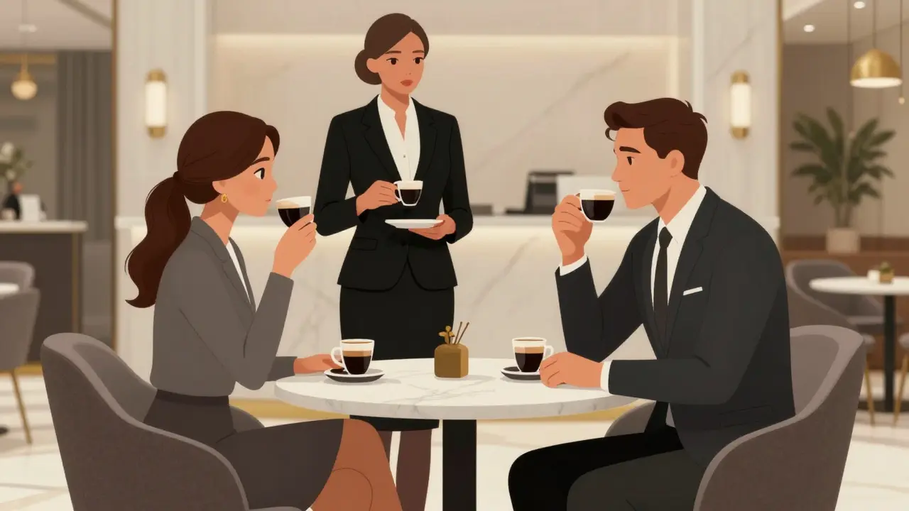 Two individuals engage in thoughtful conversation over espresso in a luxurious hotel lobby.