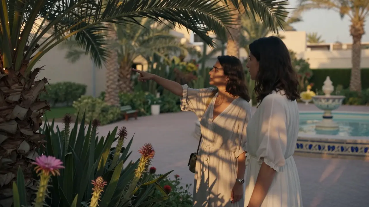 Two people walking through a serene botanical garden in Abu Dhabi, one pointing at a desert flower.