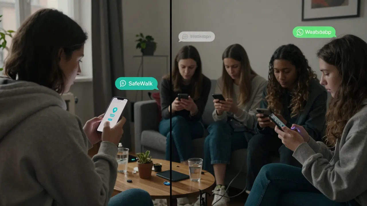 Women in a Berlin apartment sharing safety information via encrypted messages on smartphones.