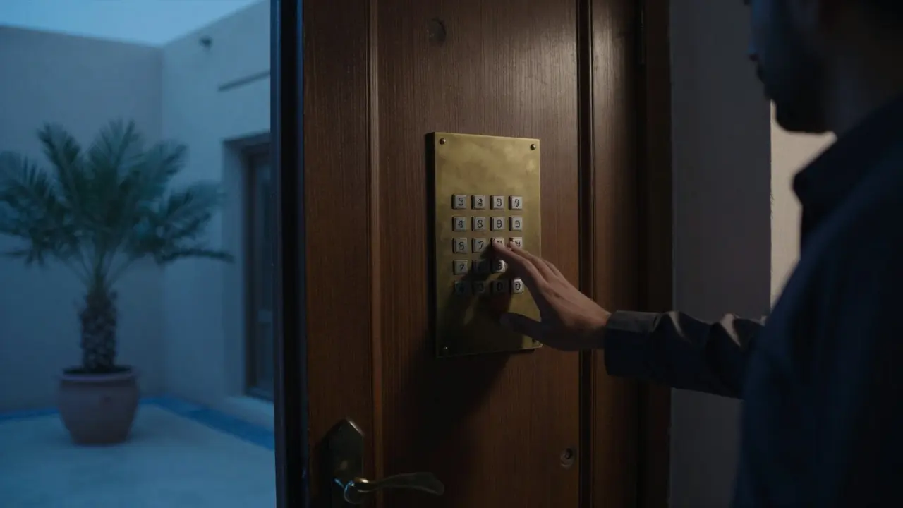 A coded door to a private villa in Abu Dhabi, with a hesitant hand approaching in twilight.