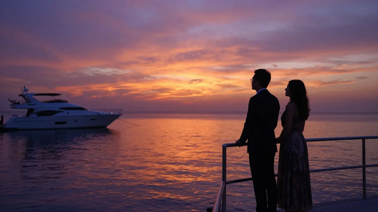 A couple on a yacht at sunset, gazing at the horizon in a moment of quiet connection.