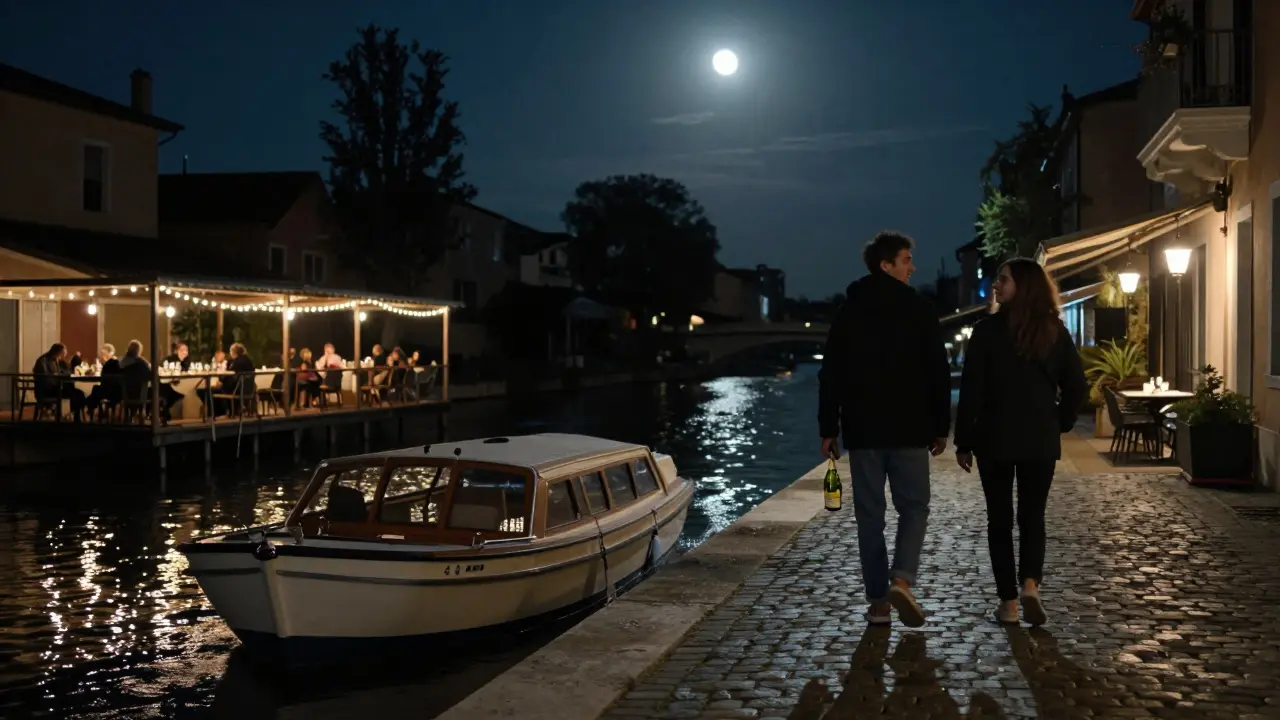 A couple strolls along the Naviglio Grande canal at night, surrounded by soft lantern lights and drifting boats.