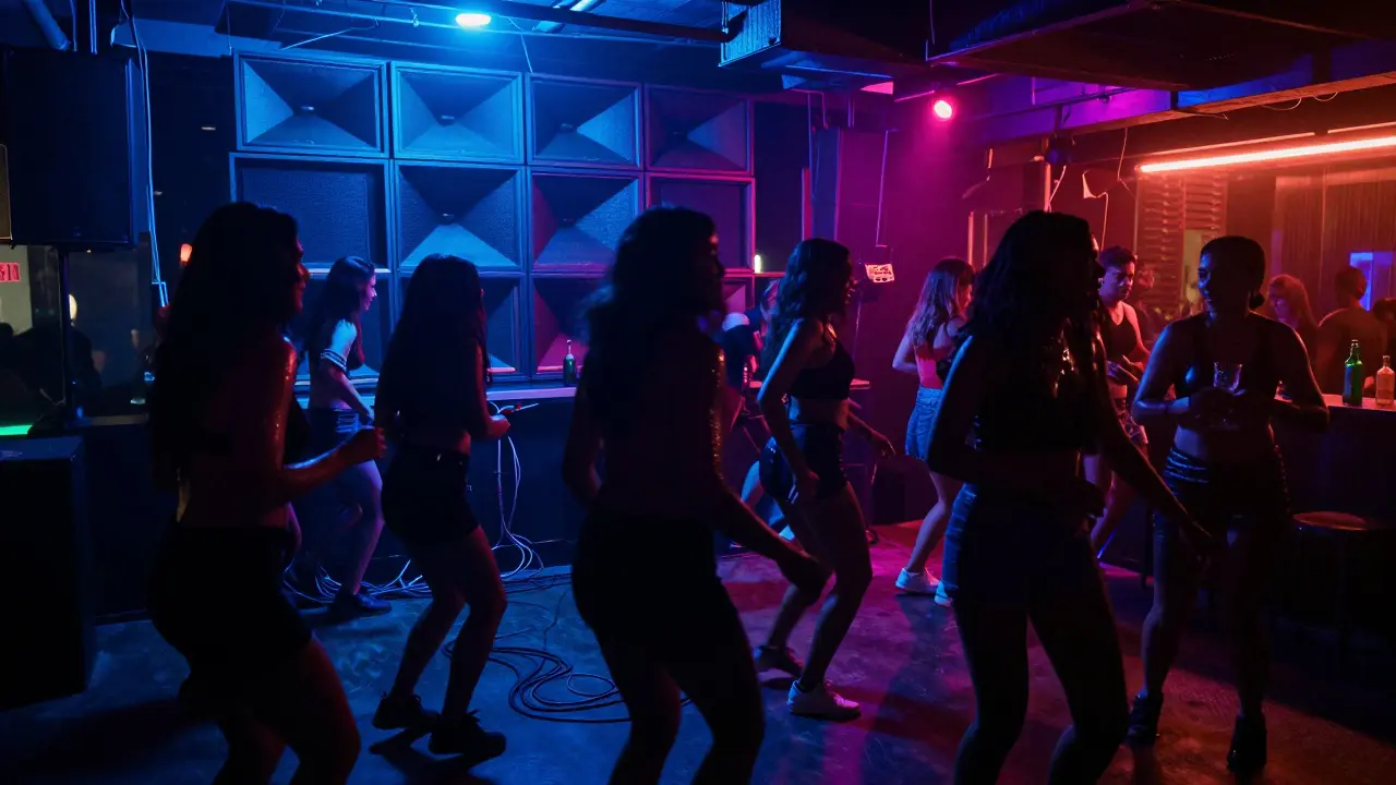 A crowded underground club at night, dancers moving under flashing lights with intense energy.