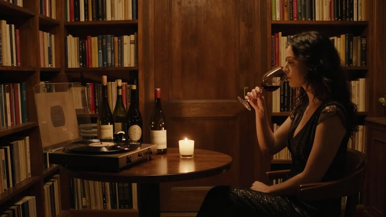 A hidden candlelit wine cellar behind a bookshelf, with wine and vinyl records in quiet ambiance.