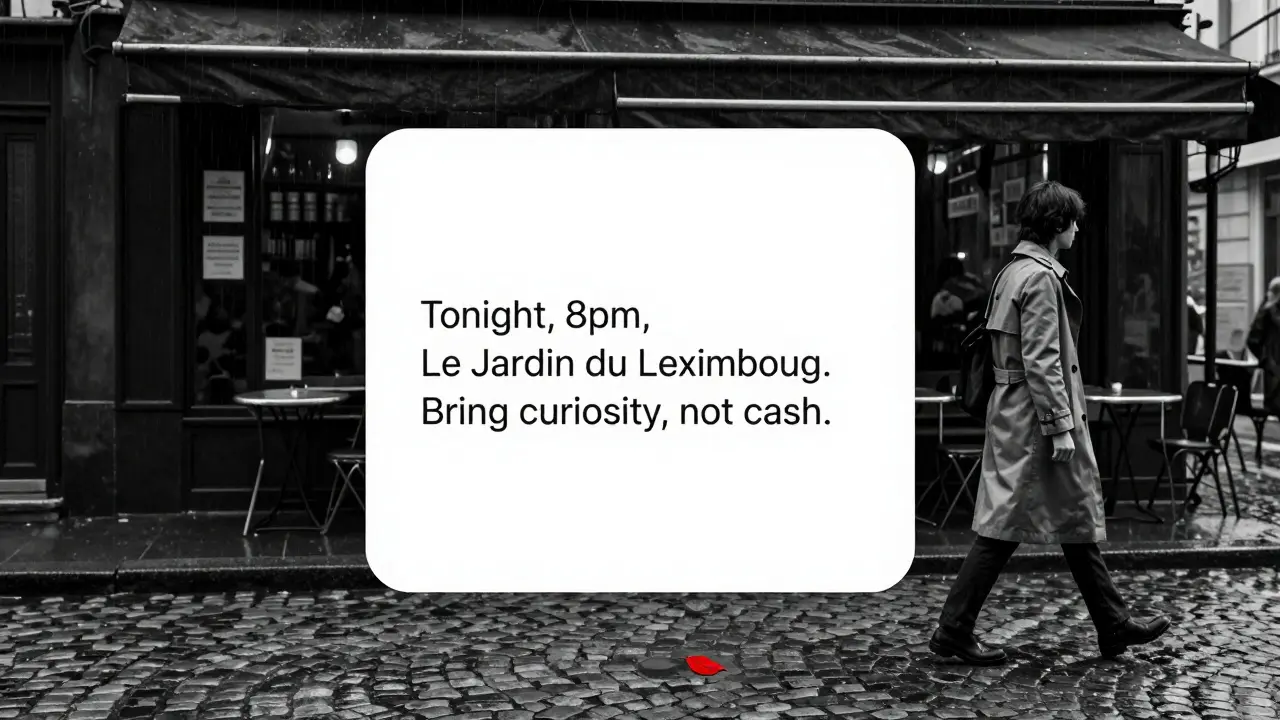 A lone figure walks through rainy Paris streets, hinting at a discreet meeting arranged via encrypted message.