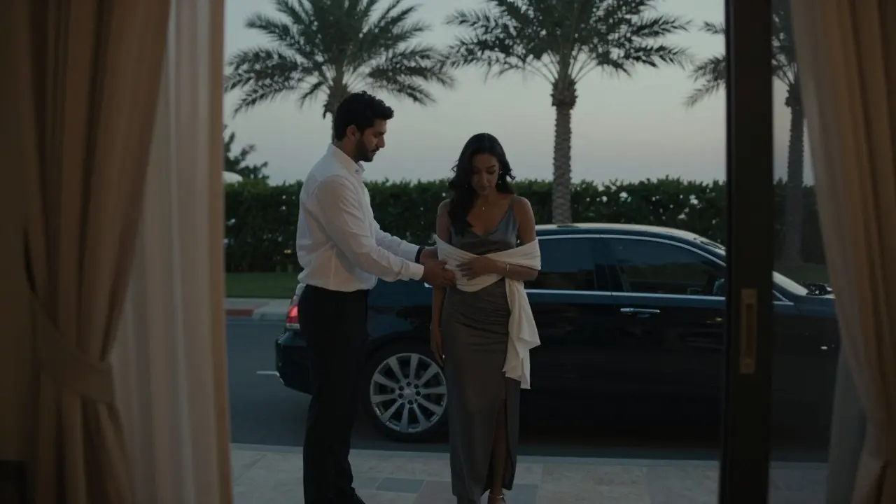 A male escort helps a woman prepare for an evening event at a private villa, a car waiting outside, both figures partially obscured, emphasizing anonymity and sophistication.