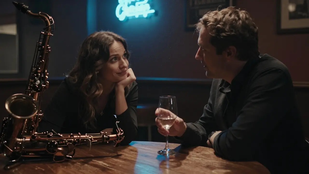 A man and woman listening intently to each other in a dim jazz bar in Neukölln.