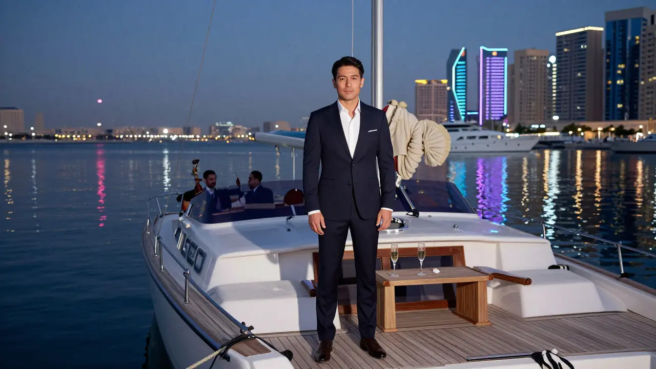 A poised male companion beside a private yacht at dusk, champagne flutes ready, jazz music faintly playing as the city lights up.