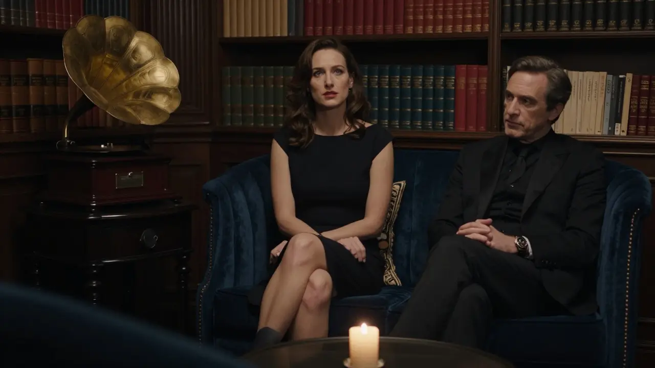 A professional companion listens intently to a client in a luxurious hotel lounge filled with books and jazz music.