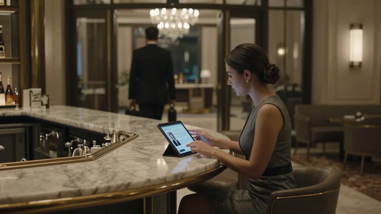 A professional companion reviewing client details in the elegant lobby of a luxury hotel.