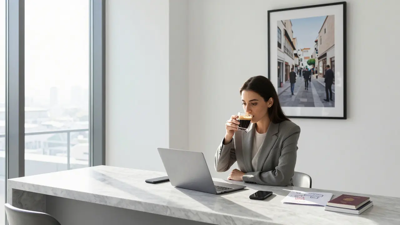 A professional escort in a modern apartment, sipping coffee beside a burner phone and passport, no digital traces, surrounded by quiet luxury and controlled privacy.