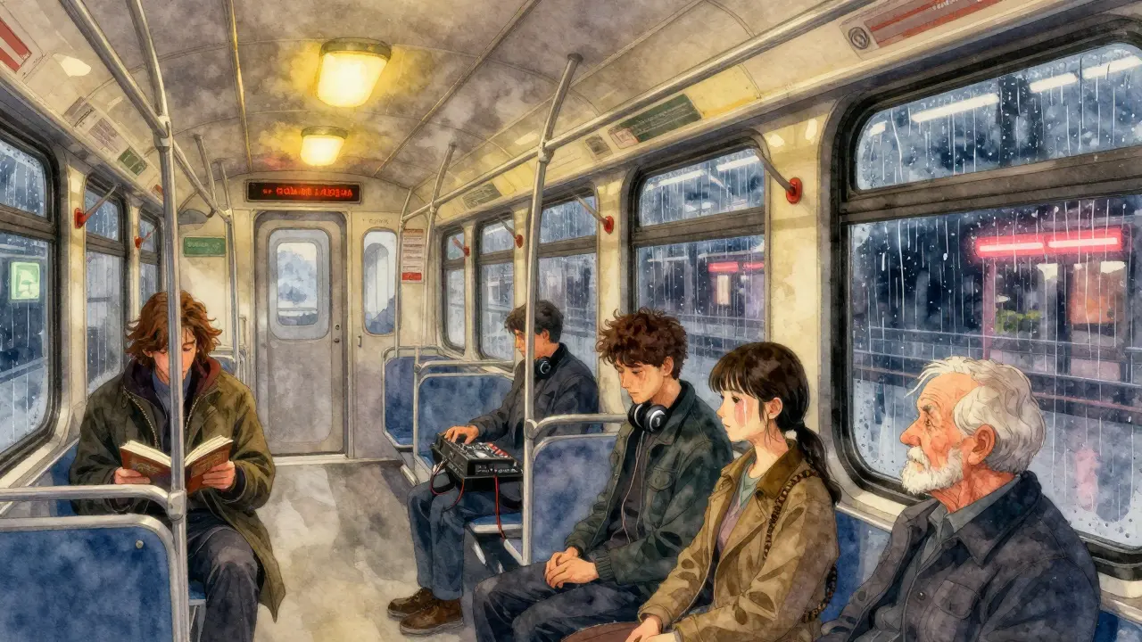 A quiet train carriage at dawn with passengers lost in thought under soft yellow lighting.