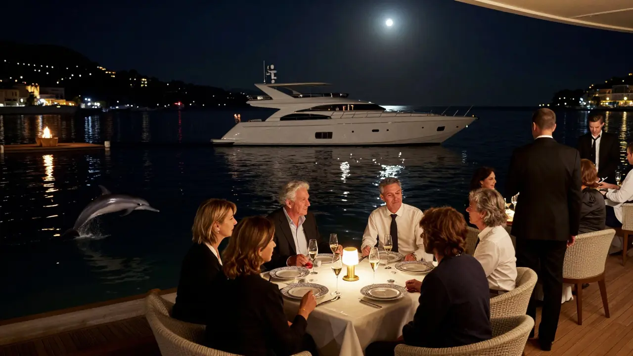 A quiet yacht at midnight off Monaco's harbor, reflecting city lights with a dolphin leaping nearby.