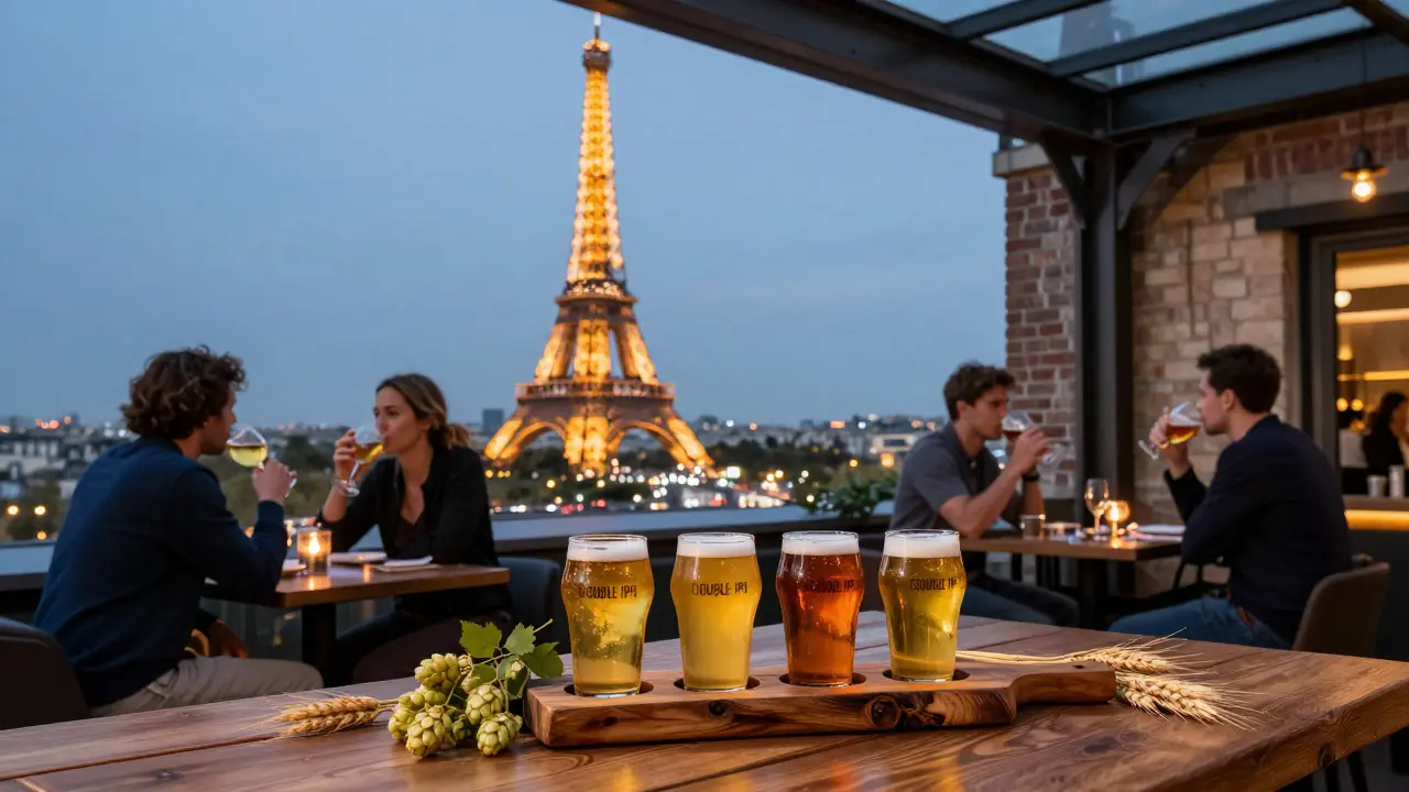 A rooftop beer bar in Paris with the Eiffel Tower glowing in the distance as guests enjoy craft beers at dusk.