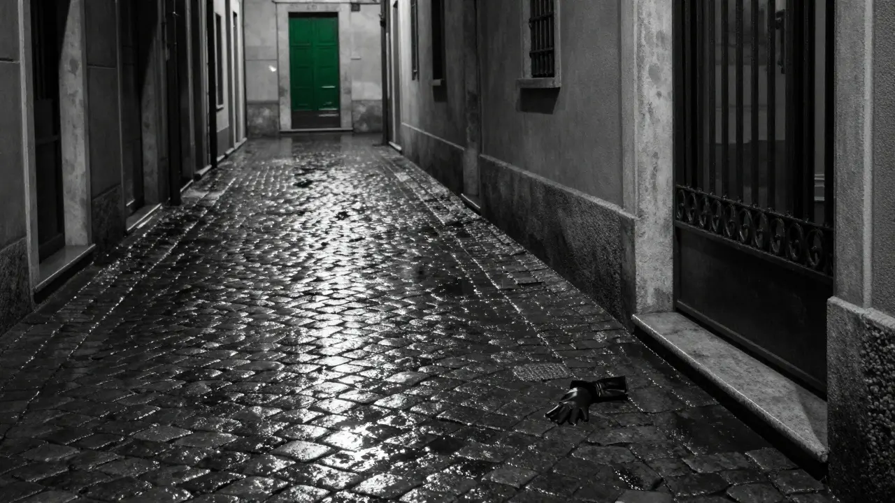 A single black glove left on a wet Milan alley, symbolizing discretion and quiet departure.