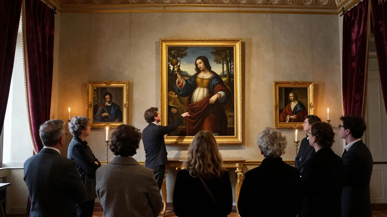 A small group admiring a painting in a private palazzo gallery, illuminated by candlelight.