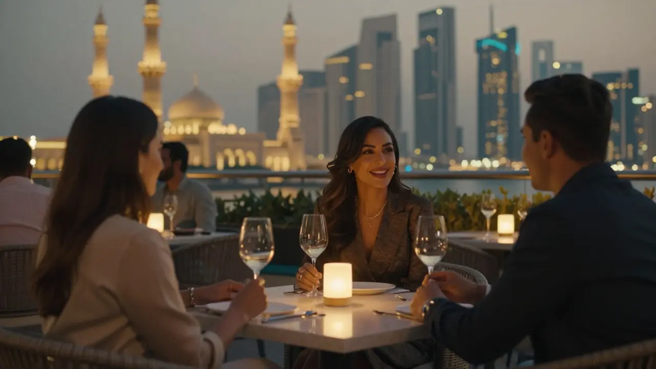 A sophisticated woman laughs gently with a couple at a rooftop bar in Abu Dhabi at twilight.