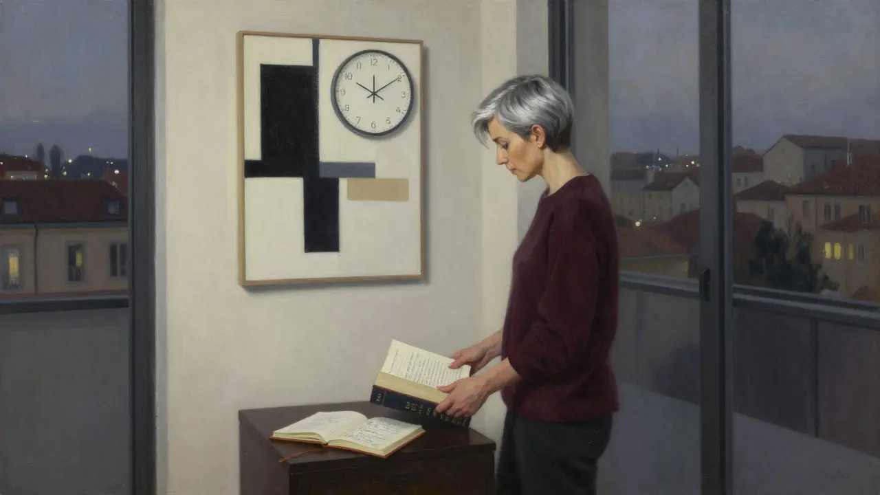 A sophisticated woman placing a first edition book on a table in a minimalist Brera apartment at dusk.