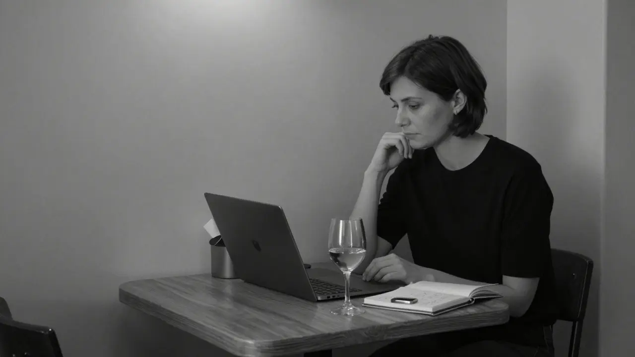 A woman in a Berlin café, laptop closed, notebook open, serene and self-possessed in soft lighting.