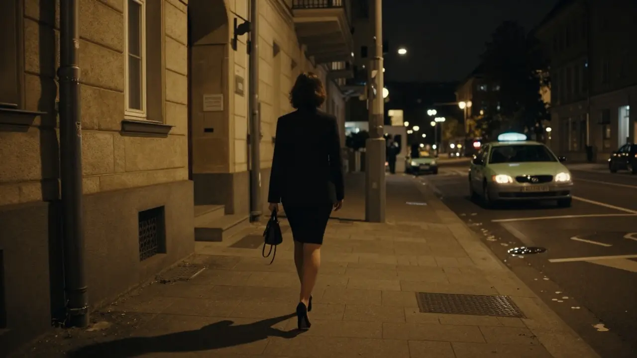 A woman walking confidently toward a softly lit Berlin apartment building at night, with a taxi pulling up in the distance.