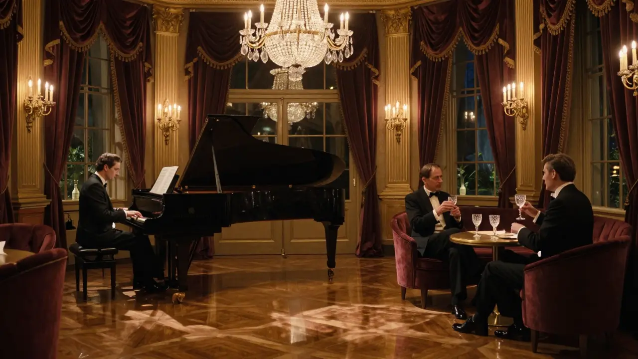 An elegant jazz lounge with a pianist playing in golden candlelight, patrons sipping fine wine in silence.